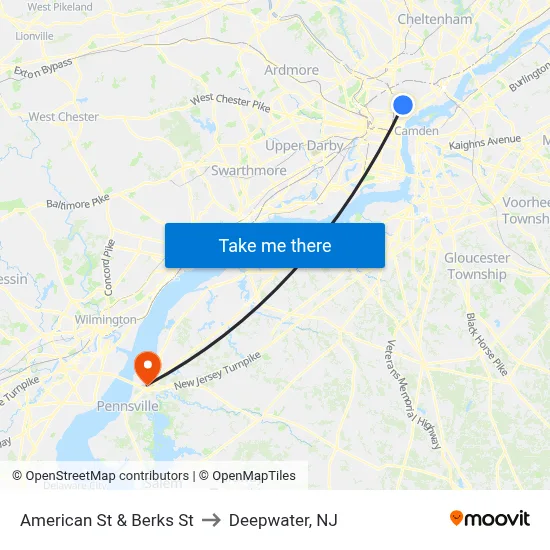 American St & Berks St to Deepwater, NJ map