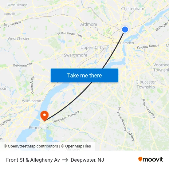 Front St & Allegheny Av to Deepwater, NJ map