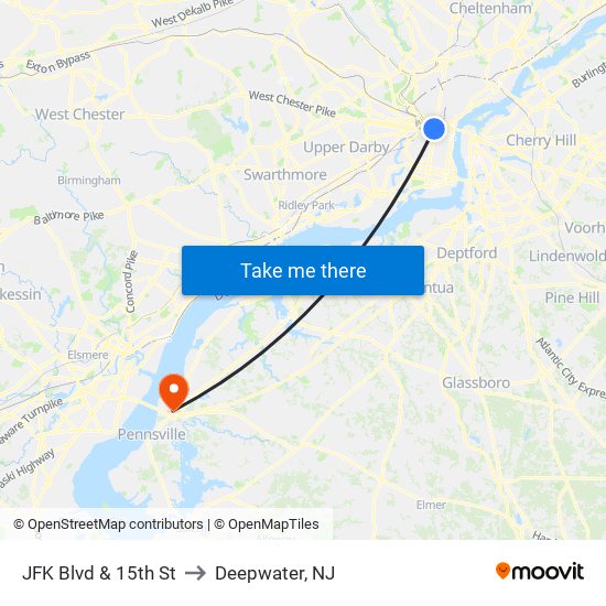 JFK Blvd & 15th St to Deepwater, NJ map