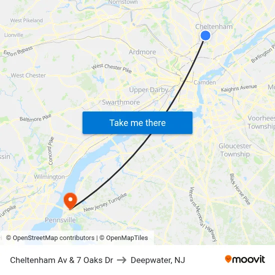 Cheltenham Av & 7 Oaks Dr to Deepwater, NJ map