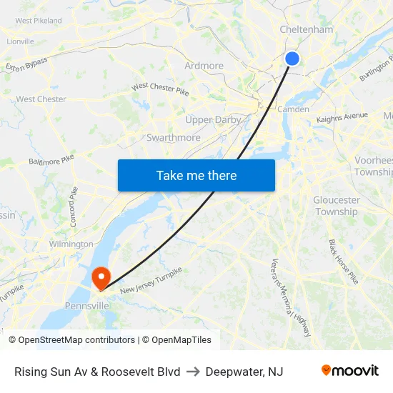 Rising Sun Av & Roosevelt Blvd to Deepwater, NJ map