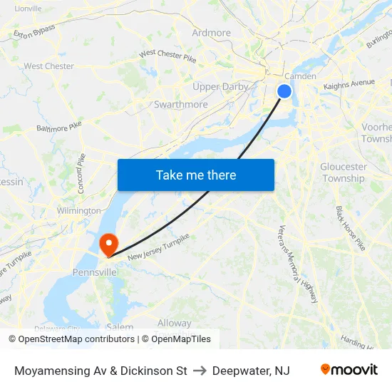 Moyamensing Av & Dickinson St to Deepwater, NJ map