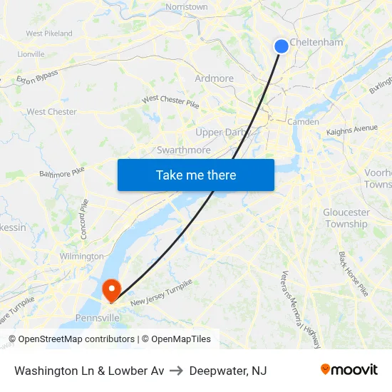Washington Ln & Lowber Av to Deepwater, NJ map