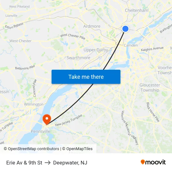 Erie Av & 9th St to Deepwater, NJ map