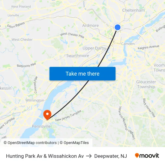 Hunting Park Av & Wissahickon Av to Deepwater, NJ map