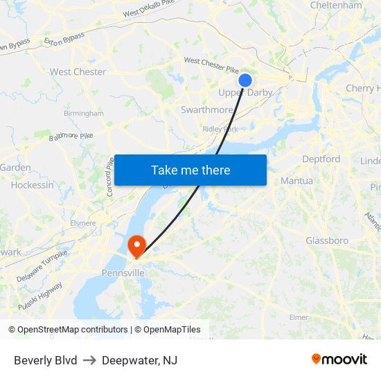 Beverly Blvd to Deepwater, NJ map