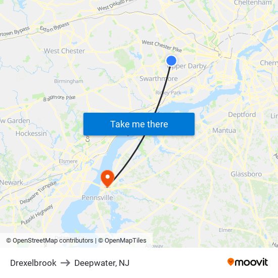 Drexelbrook to Deepwater, NJ map