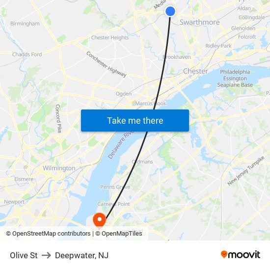 Olive St to Deepwater, NJ map