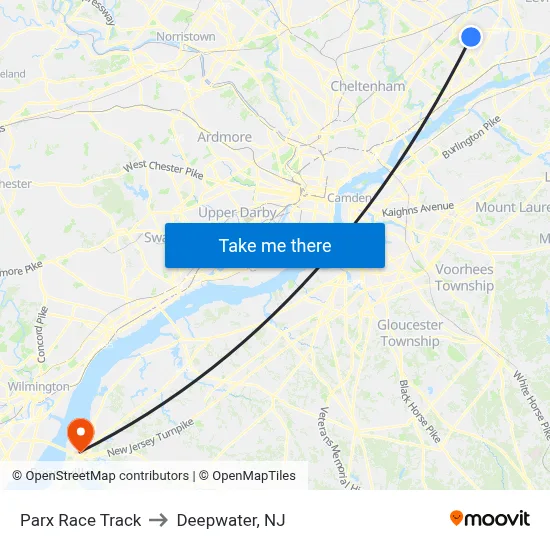 Parx Race Track to Deepwater, NJ map