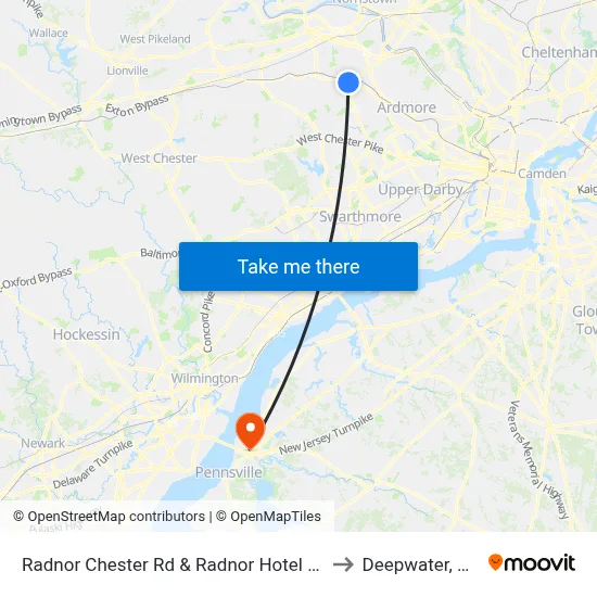 Radnor Chester Rd & Radnor Hotel Dr to Deepwater, NJ map