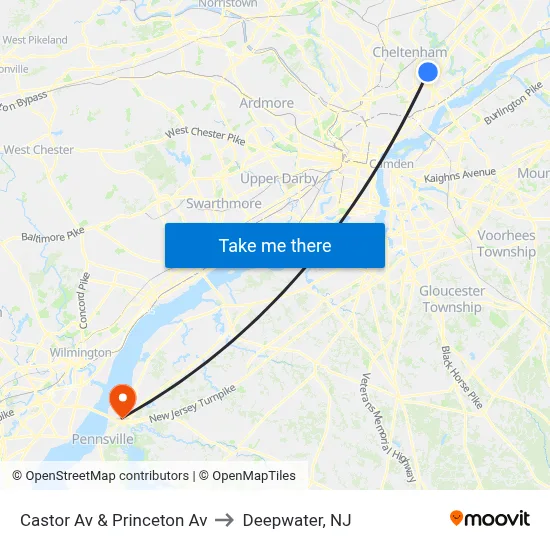 Castor Av & Princeton Av to Deepwater, NJ map