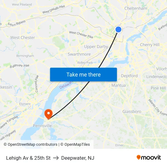 Lehigh Av & 25th St to Deepwater, NJ map