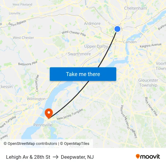 Lehigh Av & 28th St to Deepwater, NJ map