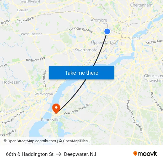 66th & Haddington St to Deepwater, NJ map