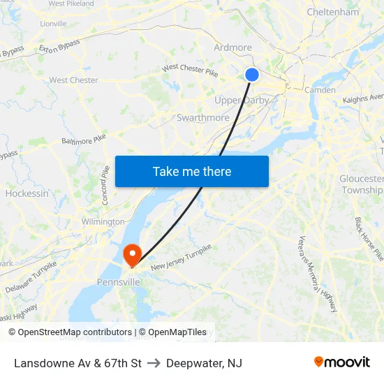 Lansdowne Av & 67th St to Deepwater, NJ map