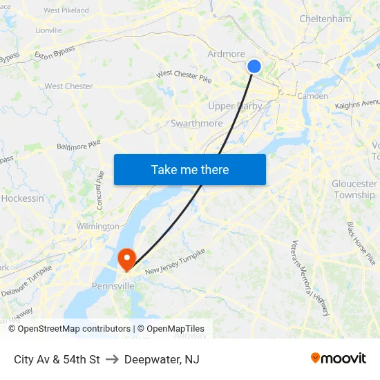 City Av & 54th St to Deepwater, NJ map