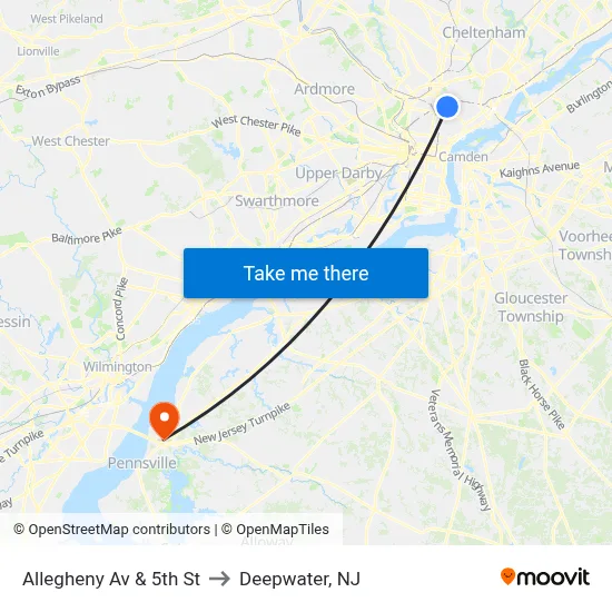 Allegheny Av & 5th St to Deepwater, NJ map