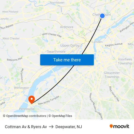 Cottman Av & Ryers Av to Deepwater, NJ map