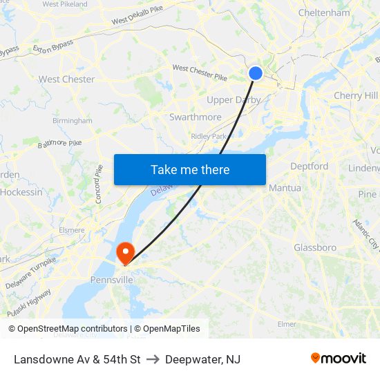 Lansdowne Av & 54th St to Deepwater, NJ map