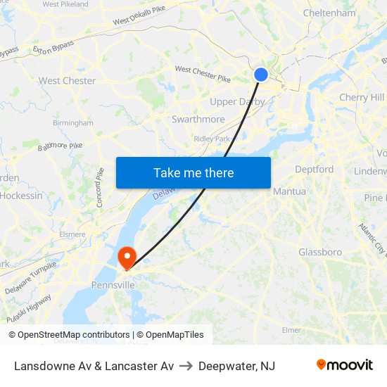 Lansdowne Av & Lancaster Av to Deepwater, NJ map