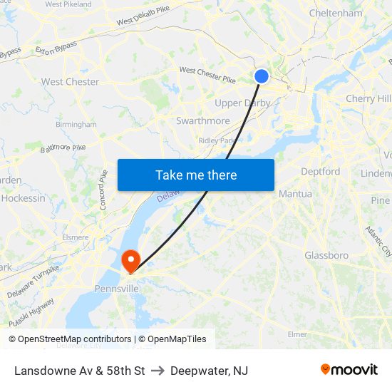 Lansdowne Av & 58th St to Deepwater, NJ map