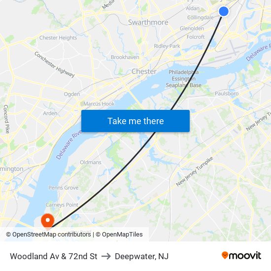 Woodland Av & 72nd St to Deepwater, NJ map
