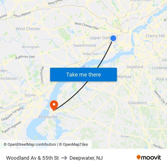 Woodland Av & 55th St to Deepwater, NJ map