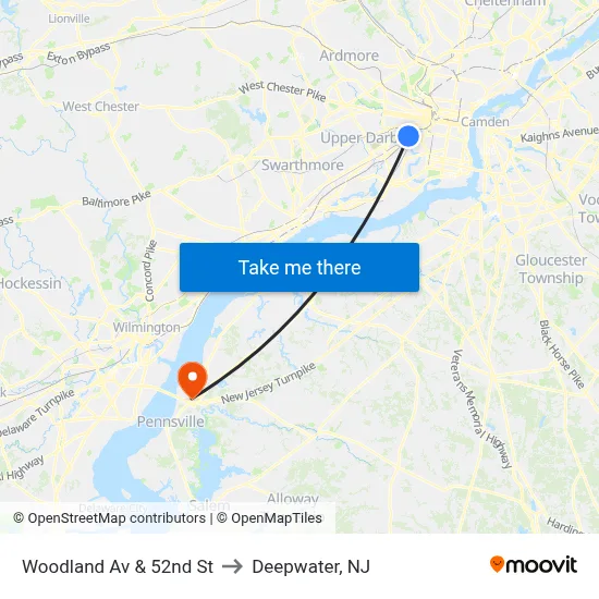 Woodland Av & 52nd St to Deepwater, NJ map