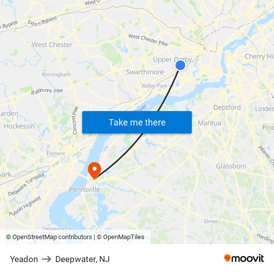 Yeadon to Deepwater, NJ map