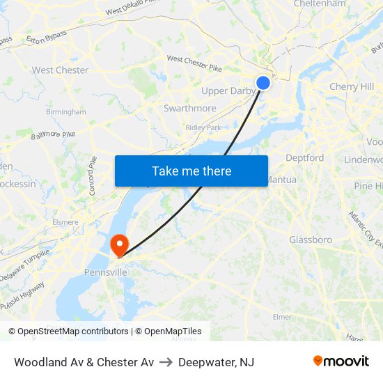 Woodland Av & Chester Av to Deepwater, NJ map