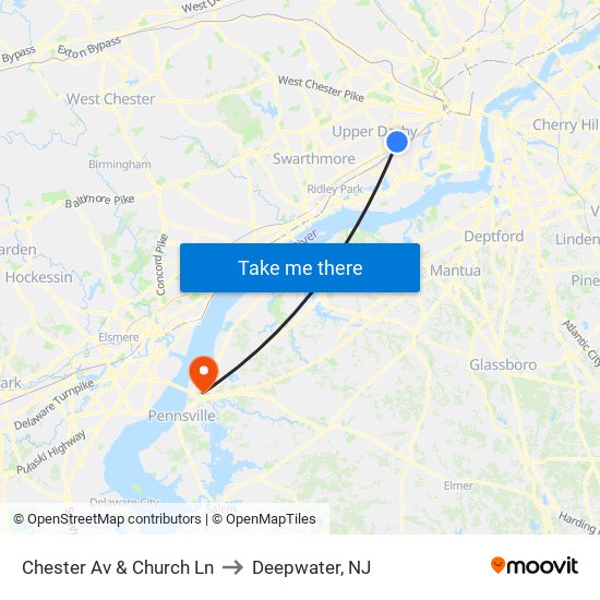Chester Av & Church Ln to Deepwater, NJ map