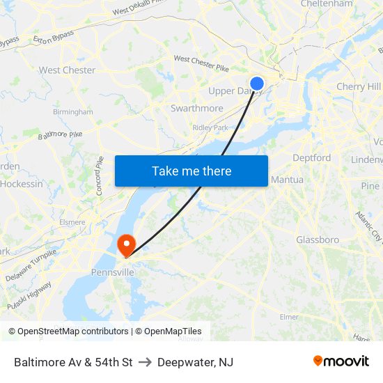 Baltimore Av & 54th St to Deepwater, NJ map