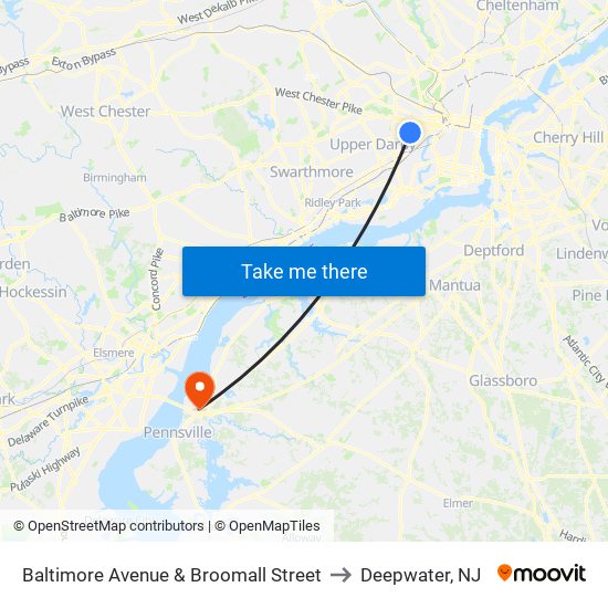 Baltimore Avenue & Broomall Street to Deepwater, NJ map