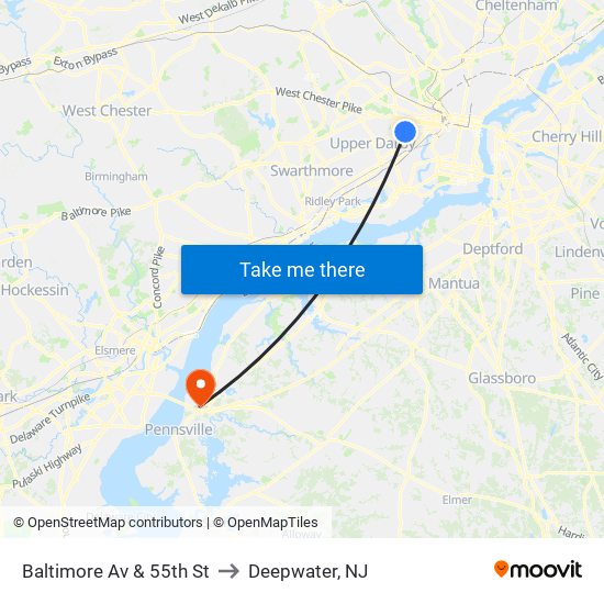 Baltimore Av & 55th St to Deepwater, NJ map