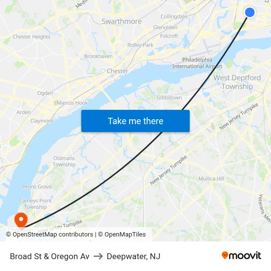 Broad St & Oregon Av to Deepwater, NJ map