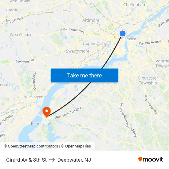 Girard Av & 8th St to Deepwater, NJ map