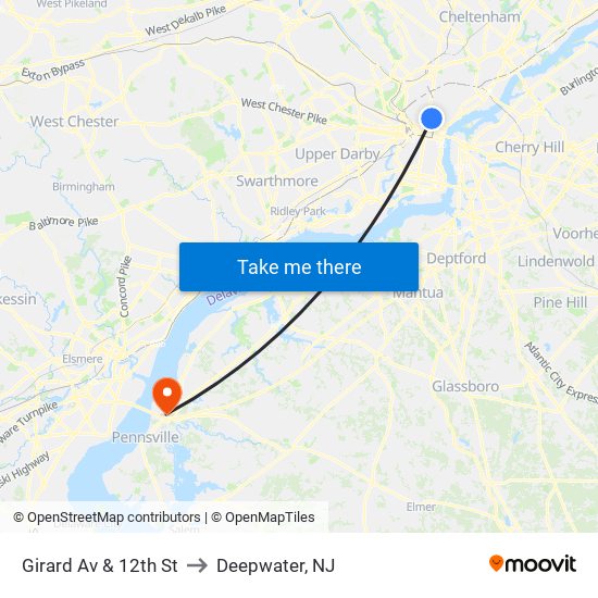 Girard Av & 12th St to Deepwater, NJ map