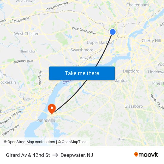 Girard Av & 42nd St to Deepwater, NJ map
