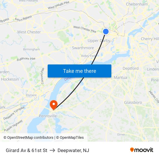 Girard Av & 61st St to Deepwater, NJ map