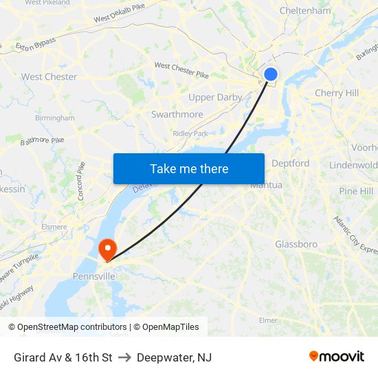 Girard Av & 16th St to Deepwater, NJ map