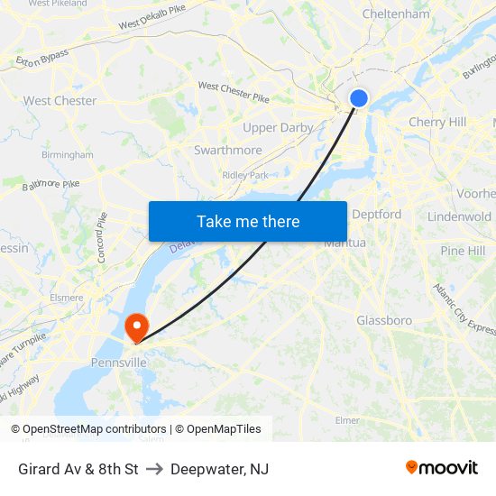 Girard Av & 8th St to Deepwater, NJ map
