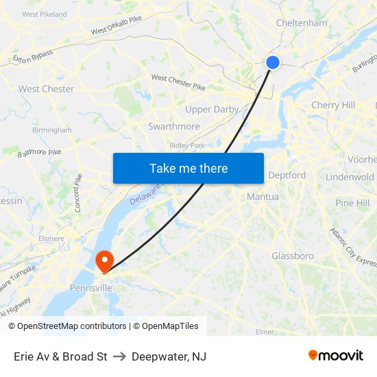 Erie Av & Broad St to Deepwater, NJ map