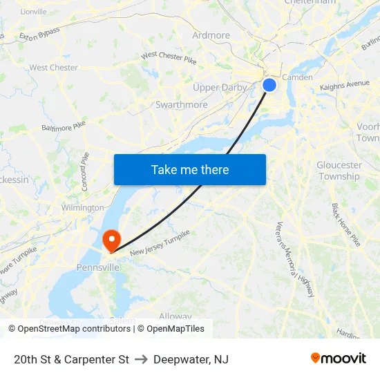 20th St & Carpenter St to Deepwater, NJ map