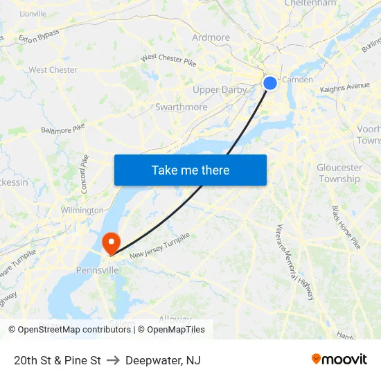 20th St & Pine St to Deepwater, NJ map