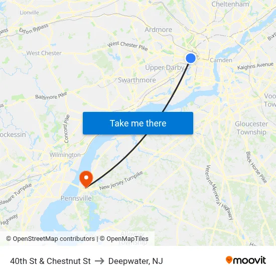40th St & Chestnut St to Deepwater, NJ map