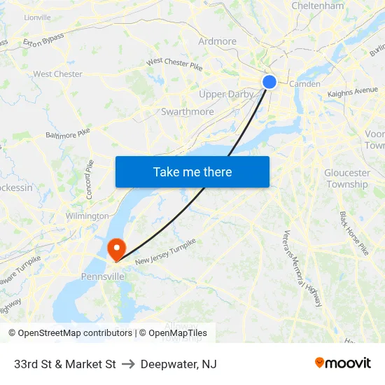 33rd St & Market St to Deepwater, NJ map