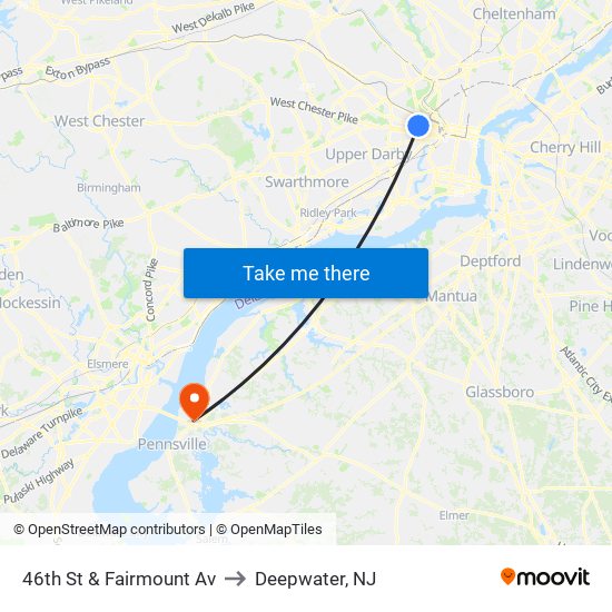 46th St & Fairmount Av to Deepwater, NJ map