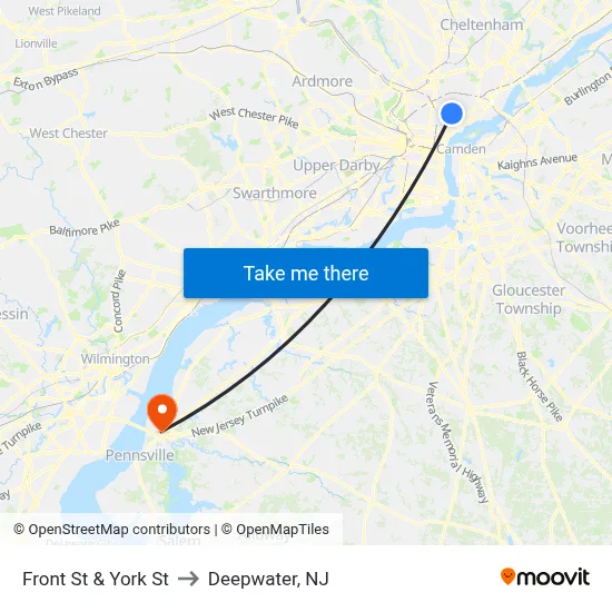 Front St & York St to Deepwater, NJ map