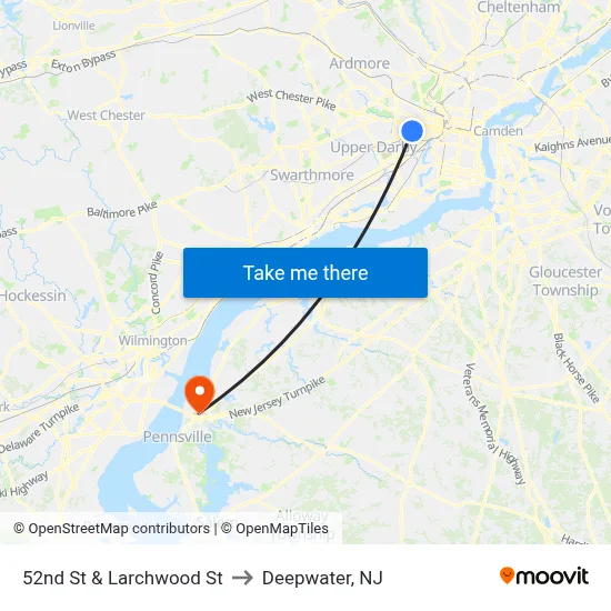 52nd St & Larchwood St to Deepwater, NJ map