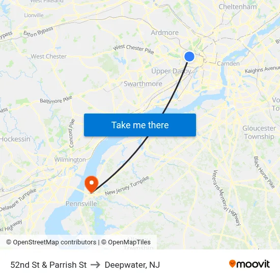 52nd St & Parrish St to Deepwater, NJ map